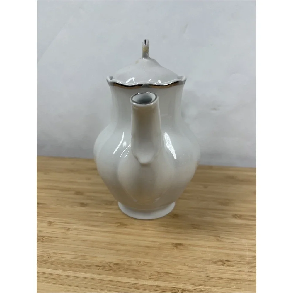Vintage Polish Porcelain Teapot White Gold Trim – Repaired Lid – Made in‎ Poland